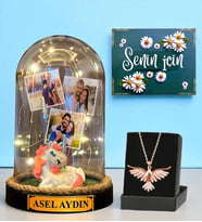 Premium Set - Kişiye Özel Led Işıklı Fanus ve Zümrüdü Anka Kuşu Kolyesi (Model 5)