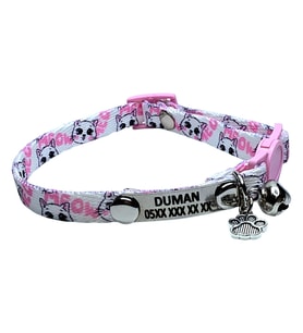 Gümüş Künyeli Isimli Kedi Tasması, Güvenlik Kilitli Tasma, Isimli Kedi Tasması, Gümüş Zımbalı Model (Açık Pembe)
