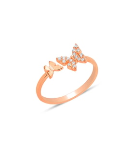 Gümüş rose zirkon taşlı üstten ayarlanabilir uçan kelebekler yüzük SGTL12226ROSE