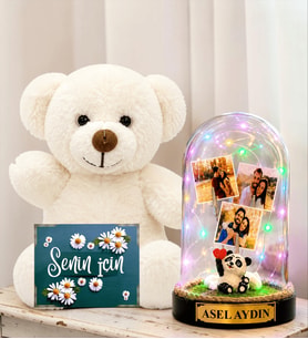 Kişiye Özel Yazılı 3 Fotoğraflı Renkli LED Işıklı Fanus(pandalı) ve Beyaz Peluş Ayıcık Sevgiliye Hediye Kadına Hediye