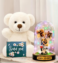 Kişiye Özel Yazılı 3 Fotoğraflı Renkli LED Işıklı Fanus(pandalı) ve Beyaz Peluş Ayıcık Sevgiliye Hediye Kadına Hediye