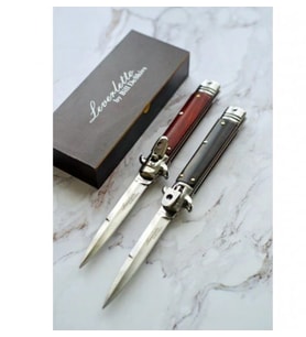AKC Leverletto Ahşap Renk Kabza İtalyan Stiletto Otomatik Bıçak Av 18cm Çakmak Hediyeli