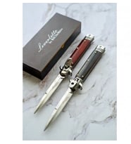 AKC Leverletto Ahşap Renk Kabza İtalyan Stiletto Otomatik Bıçak Av 18cm Çakmak Hediyeli