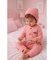 Kız Erkek Bebek Tulum Bere Takım %100 Pamuk Önden Düğmeli İnterlok 23630