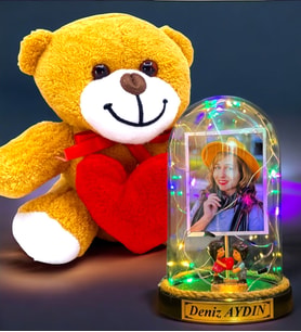 Size Özel Renkli Led Işıklı Fanus ve Kalpli Peluş Ayıcık Hediye Seti (Model 6)