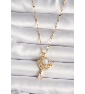 316L Gold Renk Zirkon Taşlı Ay Yıldız Model Sallantı Detay Kadın Kolye (Altın)