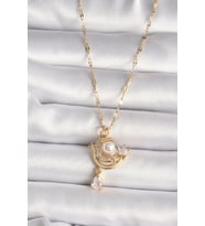 316L Gold Renk Zirkon Taşlı Ay Yıldız Model Sallantı Detay Kadın Kolye (Altın)