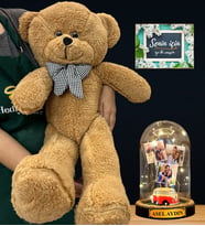 Size Özel İsimli Premium Set - Büyük Boy Kahve Peluş Ayıcık ve İsimli 3 Fotoğraflı Led Işıklı Fanus (Model 6)