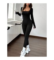 Kadın Uzun Kollu Kare Yakalı Parmaktan Geçmeli Uzun şardonlu Dalgıç Tulum