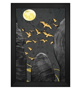 Kuşlar ve Dolunay Soyut Motifli Kanvas Tablo 50 x 70 cm Siyah Çerçeve