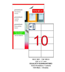 Bilgisayar Etiketi Tw-2610 105x57 mm 100 Lü Lazer Etiket 1 Paket Tanex Davetiye Kargo Koli Kutu Etiketi (Beyaz)