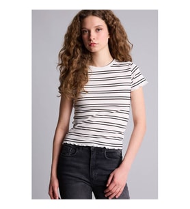 Defacto Fıtted Çizgili Kırık Beyaz Kadın T-Shirt K1965AZ/WT32