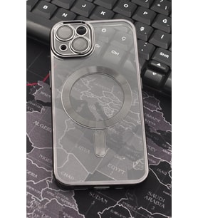 iPhone 14 Uyumlu MagSafe Özellikli Siyah Renkli Kenarlı Lazerli Şeffaf Kılıf Lens Korumalı (Renksiz)