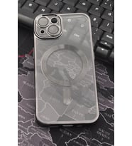 iPhone 14 Uyumlu MagSafe Özellikli Siyah Renkli Kenarlı Lazerli Şeffaf Kılıf Lens Korumalı (Renksiz)