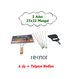 Teknor 2'li Tahta Kulplu Paslanmaz (Sağlıklı) Krom Kaplama Tel Mangal Izgarası 25x32 Cm 6 Şiş ve Yelpaze Hediyeli (Gri)