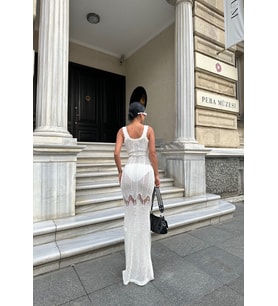 Kadın Ajurlu Balık Form Triko Elbise (Krem)