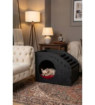 Ahşap Köpek Kulübesi Dekoratif Köpek Evi Siyah Renk Merdiven Oval Model