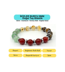 Sertifikalı İkizler Burcu 8mm 33lük Doğal Taş Bileklik