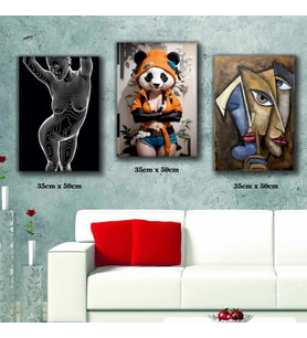 panda kadın art tablo 3 adet 35cmx50cm kumaş baskılı canvas tablo