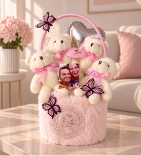 Ng Gifts Premium Pembe Peluş Silindir Sepette Kelebek Süslemeli Kişiye Özel Fotoğraflı 4’lü Peluş Ayıcık Buketi