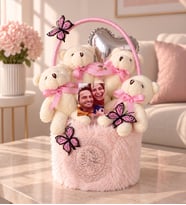 Ng Gifts Premium Pembe Peluş Silindir Sepette Kelebek Süslemeli Kişiye Özel Fotoğraflı 4’lü Peluş Ayıcık Buketi