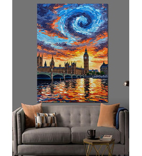 Van Gogh Tarzında Londra Big Ben Dekoratif Kanvas - Mdf Ahşap Tablo