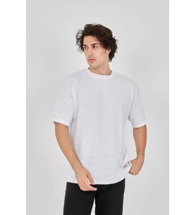 Unisex Jakar Kumaş Rahat Kol T-Shirt - Beyaz