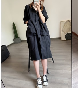 Keten Günlük Cep Detaylı Salaş Kadın Elbise (Siyah)