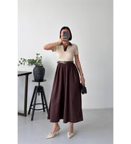 Neşeli butik kadın kahverengi gömlek yaka kemerli midi boy rahat kesim yazlık elbise NBG135