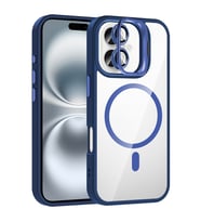 Apple iPhone 16 Uyumlu Kılıf Standlı ve Kamera Lens Hediyeli M-Safe Şarj Özellikli Zore Etro Kapak (Lacivert)