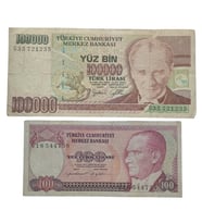 7. Emisyon 100.000 ve 100 Türk Lirası . Cumhuriyet Dönemi Koleksiyon Kağıt Para. Haliyle.
