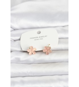 Pirinç Gold Renk Pembe Çiçek Model Çocuk Küpe