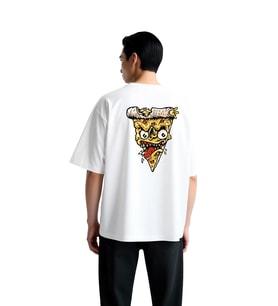 Erkek Oversize Tişört Korkunç Pizza Dilimi Yüz Baskısı Animasyon Tarzı Grafik Cesur Tasarım Günlük