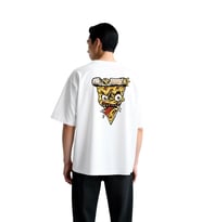 Erkek Oversize Tişört Korkunç Pizza Dilimi Yüz Baskısı Animasyon Tarzı Grafik Cesur Tasarım Günlük