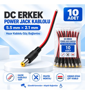 10 Adet DC Erkek Power Jack Kablolu 5.5x2.1mm – CCTV Güvenlik Kamera Adaptör Güç Bağlantı Kablosu