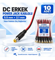 10 Adet DC Erkek Power Jack Kablolu 5.5x2.1mm – CCTV Güvenlik Kamera Adaptör Güç Bağlantı Kablosu