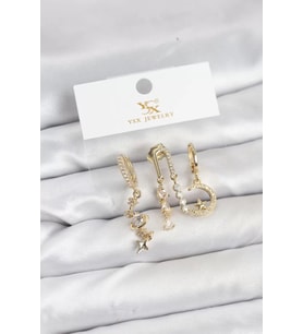Pirinç Gold Renk Zirkon Taşlı Uzay Model YSX Trio Küpe Seti - TJ-BKP11568