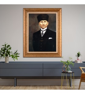 Altın Varaklı Çerçeveli Paspartulu Atatürk Tablo TR0778 (Gold)