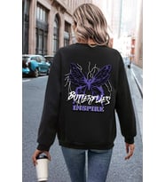 Unisex Butterfly & Letter Graphic Baskılı Bisiklet Yaka Sweatshirt (Siyah)