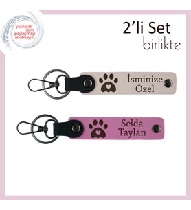 Evcil Dostunla Bağını Taşıyan Tasarım, Kalpli Pati Motifli Deri Anahtarlık Takımı, Pudra-Pembe