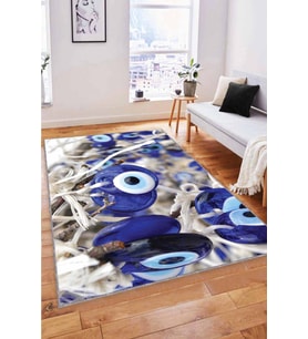 Lacivert Nazar Boncuğu Desenli 3D Kaymaz Tabanlı Halı RV363 - 100 x 160 cm