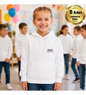 Logonuza Özel 5 Adet Beyaz Cepli Kapşonlu Çocuk Sweatshirt - Kurumsal Okul Sweat