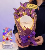 Kişiye Özel Aynalı Tasarım Led Işıklı Mor Kelebek Buketi (Renkli Işıklı Fanus Hediyeli) (Model 1)
