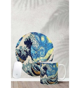 Van Gogh Kanagawa Desenli Bilek Destekli Mouse Pad Kupa Seti