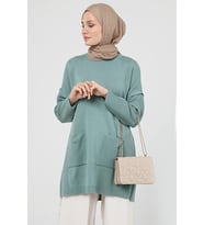 Kadın Çift Cepli Tesettür Uzun Tesettür Triko Tunik 4305 (Çağla Yeşili)