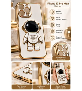 iPhone 12 Pro Max Kılıf Beyaz Gold Kenarlı 3D Astronot Figürlü Kamera Korumalı Şık Tasarım