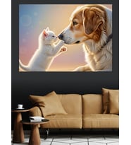 Öpüşen Kedi Ve Köpek Dekoratif Kanvas - Mdf Ahşap Tablo