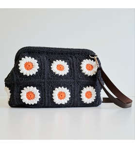 Elchandmade Tığ İşi Örgü Papatya Motifli Gri Turuncu Çanta Tote Bag