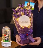 Size Özel Fotoğraflı Led Işıklı Aynalı Kelebek Buketi & Led Işıklı Fanuslu (Model 5)