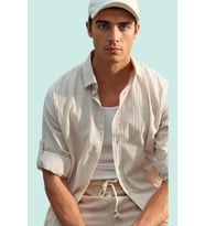 Erkek Casual Keten Karışımlı Çizgili Gömlek Regular Fit Yaka Uzun Kollu Yaz Aylarının Vazgeçilmezi (Camel)